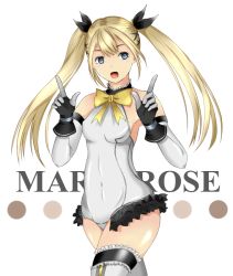 Rule 34 | 1girl, :d, armpits, bare shoulders, black gloves, black ribbon, blonde hair, blue eyes, bow, bowtie, breasts, character name, covered navel, cowboy shot, dead or alive, dead or alive 5, detached sleeves, frilled thighhighs, frills, from side, gloves, hair ornament, hair ribbon, hairclip, halterneck, hands up, happy, haruki (cerezo r1), hip focus, index finger raised, leotard, long hair, looking at viewer, marie rose, one-piece swimsuit, open mouth, ribbon, sideboob, sidelocks, simple background, small breasts, smile, solo, standing, swimsuit, thighhighs, turtleneck, twintails, white background, white leotard, white one-piece swimsuit, white thighhighs, x hair ornament, yellow bow, yellow bowtie