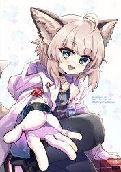 Rule 34 | 1girl, ahoge, animal ear fluff, animal ears, arknights, artist name, black bracelet, black choker, blue shirt, choker, cloak, coat, cross, fox ears, fox girl, fox tail, gloves, highres, infection monitor (arknights), jacket, kneeling, looking at viewer, material growth, medic, open cloak, open clothes, open hand, open mouth, oripathy lesion (arknights), outstretched arms, red cross, shirt, short hair, sleepyowl (jobkung15), smile, sparkle, sussurro (arknights), tail, white coat, white gloves, white jacket