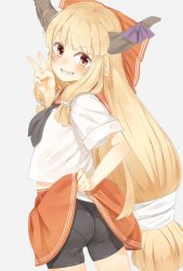 Rule 34 | 1girl, ass, bad id, bad twitter id, bike shorts, blonde hair, blush, clothes lift, grin, highres, horns, ibuki suika, inactive account, looking at viewer, looking back, nishiuri, panties under bike shorts, pantylines, pointy ears, red eyes, skirt, skirt lift, smile, solo, touhou, v