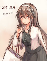 1girl, anchor symbol, bag, black blouse, black hair, black skirt, blouse, brown eyes, commentary request, cowboy shot, dated, gradient, gradient background, hairband, haruna (kancolle), jacket, jewelry, kantai collection, long hair, looking at viewer, necklace, official alternate costume, one-hour drawing challenge, shopping bag, skirt, solo, twitter username, white hairband, white jacket, wss (nicoseiga19993411)