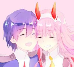 Rule 34 | 10s, 1boy, 1girl, black hair, closed eyes, commentary, couple, darling in the franxx, english commentary, hair ornament, hairband, hetero, hiro (darling in the franxx), horns, long hair, military, military uniform, necktie, oni horns, open mouth, orange neckwear, pink hair, pinkdere, red horns, red neckwear, short hair, signature, uniform, white hairband, zero two (darling in the franxx)