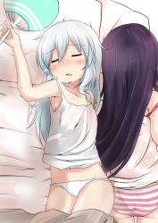 Rule 34 | 2girls, akatsuki (kancolle), bad anatomy, bed sheet, blanket, blush, closed eyes, collarbone, commentary request, hair between eyes, hand fan, hibiki (kancolle), highres, holding, holding fan, hot, kantai collection, long hair, multiple girls, navel, open mouth, panties, pillow, purple hair, silver hair, striped clothes, striped panties, sweat, underwear, white panties, yuu (alsiel)