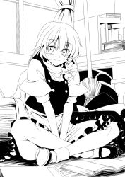 Rule 34 | 1girl, bad id, bad pixiv id, between thighs, book, braid, broom, curtains, female focus, floor, full body, greyscale, hat, indian style, indoors, kirisame marisa, mary janes, monochrome, open book, reading, shoes, side braid, sitting, smile, socks, solo, thighs, touhou, tro, v arms, window, witch, witch hat
