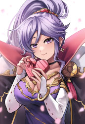 Rule 34 | bow, box, box of chocolates, breasts, commission, commissioner upload, earrings, fire emblem, fire emblem: genealogy of the holy war, fire emblem heroes, gloves, highres, holding, holding weapon, ishtar (fire emblem), jewelry, looking at viewer, nintendo, purple eyes, purple hair, smile, weapon, wszkii