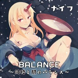 Rule 34 | 1girl, album cover, alcohol, bare legs, bare shoulders, barefoot, blonde hair, blue kimono, blue sleeves, bow, breasts, chest sarashi, circle name, closed mouth, collarbone, cover, cuffs, cup, english text, feet out of frame, fuukadia (narcolepsy), game cg, holding, holding cup, horns, hoshiguma yuugi, hoshiguma yuugi (kimono), japanese clothes, kimono, knee up, knife (music circle), large breasts, long hair, long sleeves, looking at viewer, mixed-language text, off shoulder, official art, on roof, parted bangs, red bow, red eyes, red horns, sakazuki, sake, sarashi, shackles, short shorts, shorts, single horn, sitting on roof, smile, snowing, solo, star tattoo, tattoo, touhou, touhou cannonball, waist sash, white shorts, wide sleeves