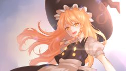 Rule 34 | 1girl, apron, blonde hair, bow, braid, glowing, gradient background, hair bow, hair ornament, hajin, hat, hat ribbon, kirisame marisa, long hair, looking at viewer, open mouth, puffy sleeves, ribbon, shirt, short hair, side braid, single braid, skirt, skirt set, smile, solo, sunlight, touhou, upper body, vest, waist apron, witch hat, yellow eyes