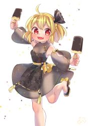 Rule 34 | 1girl, ahoge, black dress, black ribbon, blonde hair, bow, china dress, chinese clothes, commentary request, detached sleeves, dress, dual wielding, fangs, food, hair ribbon, highres, holding, ibaraki natou, looking at viewer, open mouth, popsicle, red eyes, ribbon, rumia, shoes, short hair, simple background, smile, solo, touhou, white background, yellow bow