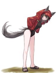 Rule 34 | 1girl, absurdres, animal ears, arknights, black footwear, black one-piece swimsuit, breasts, commentary request, ears through hood, grey hair, hair between eyes, hands in pockets, highres, hood, hood up, hooded jacket, jacket, kiwicci, leaning forward, long sleeves, looking at viewer, official alternate costume, one-piece swimsuit, open clothes, open jacket, projekt red (arknights), projekt red (light breeze) (arknights), red jacket, sandals, simple background, small breasts, solo, swimsuit, tail, white background, wolf ears, wolf girl, wolf tail, yellow eyes