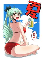 Rule 34 | 1girl, alcohol, anchovy (girls und panzer), aono3, ass, back, barefoot, beer, beer mug, bikini, black ribbon, blue sky, breasts, cloud, cloudy sky, commentary, cup, day, drill hair, girls und panzer, green hair, hair ribbon, halterneck, holding, holding cup, indian style, long hair, looking at viewer, looking back, medium breasts, mug, red bikini, red eyes, ribbon, sitting, sky, solo, swimsuit, translated, twin drills, twintails