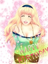 Rule 34 | 1girl, bad id, bad pixiv id, blonde hair, breasts, cleavage, closed eyes, hairband, heart, highres, jewelry, large breasts, long hair, macross, macross frontier, maya (many pictures), necklace, open mouth, sheryl nome, solo