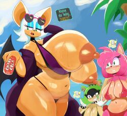 Rule 34 | 3girls, absurdres, amy rose, areola slip, bat wings, bikini, blue eyes, blush, breasts, breasts out, can, cleavage, drink can, ear piercing, eyeshadow, fangs, female focus, furry, furry female, gigantic breasts, gloves, green eyes, green hair, highres, huge breasts, imago ic, makeup, multiple girls, navel, piercing, pink hair, plump, rouge the bat, sharp teeth, short hair, soda can, sonic (series), steaming body, sunglasses, surge the tenrec, sweat, swimsuit, teeth, thick thighs, thighs, white hair, wide hips, wings
