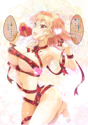 Rule 34 | 1girl, :d, armpits, barefoot, blonde hair, box, breasts, cafe-chan to break time, floral print, hair between eyes, hands up, heart, heart-shaped box, large breasts, leg up, looking at viewer, medium hair, naked ribbon, navel, open mouth, plaid, plaid ribbon, porurin (do-desho), print ribbon, red eyes, red ribbon, ribbon, smile, solo, tea (cafe-chan to break time), translation request, valentine