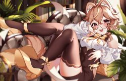 Rule 34 | 1girl, animal ears, blush, breasts, brown eyes, brown hair, brown skirt, brown thighhighs, cat ears, cat girl, couch, covered navel, detached sleeves, gold footwear, high-waist skirt, high heels, highres, indie virtual youtuber, kiyochii, looking at viewer, lying, medium breasts, on couch, open mouth, pencil skirt, skirt, smile, solo, sylliah, symbol-only commentary, thighhighs, virtual youtuber