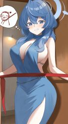 1girl absurdres ako_(blue_archive) ako_(dress)_(blue_archive) backless_outfit blue_archive blue_dress blue_hair blush breasts commentary_request cunaja doodle_sensei_(blue_archive) dress evening_gown hair_between_eyes highres large_breasts looking_at_viewer medium_hair official_alternate_costume sensei_(blue_archive) sideboob sideless_dress sideless_outfit single_handcuff sleeveless sleeveless_dress smile spoken_character