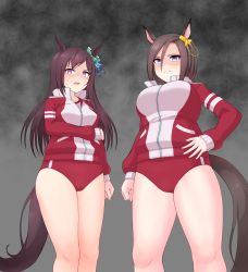 Rule 34 | 2girls, absurdres, air groove (umamusume), animal ears, arm under breasts, bare legs, bow, breasts, brown hair, buruma, clenched hand, closed mouth, commentary request, cowboy shot, disgust, ear bow, grey background, grey eyes, hair between eyes, hair ornament, hairclip, hand on own hip, highres, horse ears, horse girl, horse tail, jacket, jumpsuit, large breasts, long hair, long sleeves, looking at viewer, medium breasts, mejiro dober (umamusume), multiple girls, parted lips, purple eyes, red buruma, red jumpsuit, shaded face, shikairo, shirt, short hair, sidelocks, standing, sweat, tail, tracen training uniform, track jacket, umamusume, yellow bow, zipper
