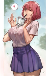 Rule 34 | 1girl, bad id, bad twitter id, blue skirt, bob cut, bra visible through clothes, breasts, brown eyes, bubble tea, bubble tea challenge, commentary, cowboy shot, day, drinking straw, drinking straw in mouth, english commentary, foliage, hair between eyes, hands up, heart, highres, large breasts, leaf, lentiyay, looking at viewer, medium hair, one eye closed, original, outdoors, outside border, pillarboxed, pleated skirt, red hair, shirt, short sleeves, sidelocks, skirt, sky, solo, spoken heart, standing, swept bangs, tented shirt, wet, wet clothes, wet shirt, white shirt