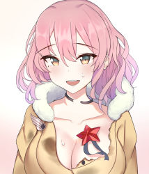 Rule 34 | 1girl, breasts, brown eyes, cleavage, collarbone, girls&#039; frontline, kela, large breasts, looking at viewer, mp-443 (girls&#039; frontline), open mouth, pink hair, portrait, shirt, short hair, solo, star (symbol), sweatdrop, torn clothes, white background