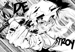 Rule 34 | 1girl, clenched hand, crushing, fang, fingernails, flandre scarlet, foreshortening, greyscale, grin, hard-translated, hat, highres, imizu (nitro unknown), long hair, monochrome, non-web source, sharp fingernails, side ponytail, slit pupils, smile, solo, third-party edit, touhou, translated