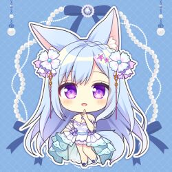 Rule 34 | 1girl, :d, animal ear fluff, animal ears, bare shoulders, blue background, blue footwear, blue hair, blush, braid, breasts, chibi, cleavage, commentary request, copyright request, dotted line, dress, full body, hand up, long hair, looking at viewer, medium breasts, open mouth, purple eyes, ryuuka sane, shoes, smile, solo, strapless, strapless dress, very long hair, white dress