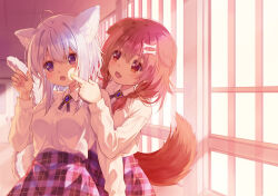 Rule 34 | 2girls, 54hao, :d, :o, ahoge, animal ear fluff, animal ears, bone hair ornament, braid, breasts, brown eyes, brown hair, cartoon bone, cat ears, cat girl, cat tail, cheek poking, collared shirt, commentary, dog ears, dog girl, dog tail, dress shirt, hair ornament, hand up, highres, hololive, indoors, inugami korone, long hair, low twintails, medium breasts, multiple girls, nail polish, nekomata okayu, open mouth, plaid, plaid skirt, poking, purple eyes, purple hair, purple skirt, shirt, skirt, smile, tail, twin braids, twintails, virtual youtuber, white shirt, yellow nails