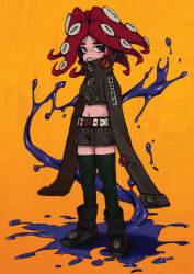 Rule 34 | 1girl, alternate costume, artist name, boots, buttons, cropped jacket, cropped legs, full body, green eyes, high collar, highres, ink, long sleeves, looking at viewer, midriff, navel, nintendo, red hair, sharp teeth, shorts, simple background, sleeves past wrists, solo, splatoon (series), taikodon, takozonesu, teeth, tentacle hair, thighhighs, yellow background
