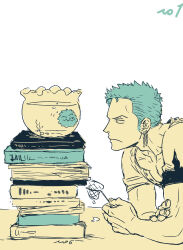 Rule 34 | 1boy, absurdres, animalization, book, book stack, eye contact, fishbowl, fishnets, from side, green hair, highres, long sideburns, looking at another, male focus, marimo, no.6 (numberr 6), one piece, roronoa zoro, shirt, short hair, sideburns, sketch, solo, spot color, staring