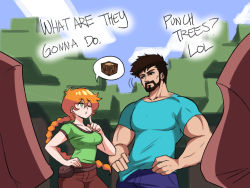 Rule 34 | 1girl, 3boys, alex (minecraft), beard, blouse, blue shirt, breasts, cleavage, denim, english text, facial hair, green shirt, hand on own hip, hands on own hips, highres, jeans, long hair, long sleeves, minecraft, multiple boys, muscular, muscular male, orange hair, pants, pouch, shirt, short sleeves, spoken object, steve (minecraft), tina fate, tree, villager (minecraft)
