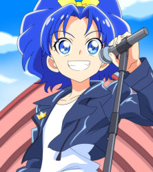 Rule 34 | 1girl, absurdres, anime coloring, blue eyes, blue hair, blue jacket, blue sky, blurry, blurry background, bow, cloud, collarbone, damascus (dearigazu2001), day, grin, hair bow, hair intakes, highres, holding, holding microphone, jacket, kirakira precure a la mode, long hair, long sleeves, microphone, microphone stand, open clothes, open jacket, outdoors, precure, shirt, sky, smile, solo, standing, tategami aoi, upper body, white shirt, yellow bow