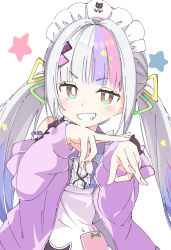 Rule 34 | 1girl, blunt bangs, blush, brown eyes, clenched teeth, commentary request, grey hair, hololive, ixy, long hair, long sleeves, looking at viewer, maid headdress, multicolored hair, murasaki shion, murasaki shion (magical girl maid), pink hair, purple hair, simple background, smile, solo, star (symbol), teeth, twintails, virtual youtuber, white background