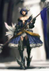 Rule 34 | 1girl, armor, armored dress, bare shoulders, blue eyes, blue hair, bob cut, buckle, dress, druki, gauntlets, hair ornament, highres, laces, matching hair/eyes, odin sphere, original, polearm, short hair, solo, strapless, strapless dress, valkyrie, weapon