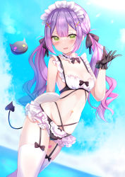 1girl bare_arms bare_shoulders bibi_(tokoyami_towa) bikini black_bikini black_gloves blue_sky bow bowtie braid breasts choker day demon_tail french_braid frilled_bikini frilled_choker frills garter_straps gloves green_eyes groin hair_ribbon hand_up highres hololive long_hair looking_at_viewer maid maid_bikini maid_headdress navel outdoors purple_hair ribbon sky small_breasts solo stomach swimsuit tail thighhighs thighs tokoyami_towa twintails unconventional_maid virtual_youtuber wavy_hair white_thighhighs yuano