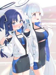 Rule 34 | 2girls, alternate costume, black skirt, blue archive, blue eyes, blue hair, blush, breasts, cleavage, crop top, grey hair, halo, highres, hip vent, jacket, large breasts, long hair, long sleeves, looking at viewer, medium breasts, multiple girls, noa (blue archive), open clothes, open jacket, parted lips, purple eyes, race queen, signalviolet, skirt, two side up, very long hair, white jacket, yuuka (blue archive)
