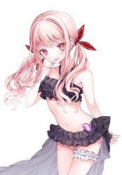 Rule 34 | 1girl, absurdres, akiyama mizuki, bare arms, bare shoulders, bikini, black bikini, blush, candy, commentary request, food, groin, hair ribbon, hand up, highres, holding, holding candy, holding food, holding lollipop, lollipop, long hair, navel, paraffin, pink hair, project sekai, red eyes, red ribbon, ribbon, simple background, solo, swimsuit, tongue, tongue out, twintails, white background
