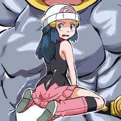 Rule 34 | 1boy, 1girl, bare shoulders, beanie, black shirt, black socks, blue eyes, blue hair, blush, boots, creatures (company), cum, cum on back, cum on clothes, dawn (pokemon), female focus, from behind, full body, game freak, gen 1 pokemon, gomatarou (pixiv196136), grey background, hair ornament, hairclip, hat, jaggy lines, knee boots, kneehighs, long hair, looking back, lowres, machamp, matching hair/eyes, miniskirt, muscular, muscular male, nintendo, open mouth, outline, pink footwear, pink skirt, poke ball symbol, pokemon, pokemon (creature), pokemon dppt, shirt, sidelocks, sitting, skirt, sleeveless, sleeveless shirt, socks, solo focus, sweat, v-shaped eyebrows, wariza, white headwear, white outline
