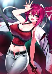 Rule 34 | 1girl, breasts, camisole, capri pants, cleavage, d.chikusou, hair intakes, highres, jacket, jacket on shoulders, large breasts, long hair, looking at viewer, midriff, navel, one eye closed, ootachi, open fly, pants, ponytail, red camisole, red eyes, red hair, slit pupils, solo, under night in-birth, very long hair, white pants, yuzuriha (under night in-birth)