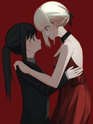 Rule 34 | 2girls, bare arms, bare shoulders, black hair, black jacket, black ribbon, blonde hair, blush, commentary, dress, eye contact, from side, hair ribbon, hair up, hand on another&#039;s shoulder, hand on another&#039;s waist, hashtag-only commentary, highres, inoue takina, jacket, long hair, long sleeves, looking at another, lu guan, lycoris recoil, multiple girls, nishikigi chisato, open mouth, ponytail, profile, purple eyes, red background, red dress, red eyes, ribbon, simple background, sleeveless, sleeveless dress, smile, yuri