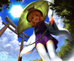 Rule 34 | 1girl, blonde hair, day, female focus, from below, green eyes, hair ribbon, hat, highres, leaf umbrella, looking at viewer, looking down, md5 mismatch, moriya suwako, open mouth, pocketbee, ribbon, short hair, signature, sky, sleeves past wrists, smile, solo, standing, sun, sunlight, thighhighs, torii, touhou, turtleneck, watermark, web address, white thighhighs, wide sleeves, zettai ryouiki