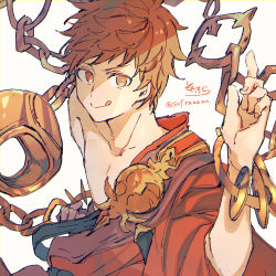 Rule 34 | 1boy, :q, bare shoulders, brown eyes, brown hair, brown kimono, chain, closed mouth, collarbone, gran (granblue fantasy), granblue fantasy, grey background, hadanugi dousa, hand up, highres, index finger raised, japanese clothes, kimono, looking at viewer, male focus, monk (granblue fantasy), off shoulder, short sleeves, signature, simple background, smile, sofra, solo, tongue, tongue out, twitter username, v-shaped eyebrows, wide sleeves