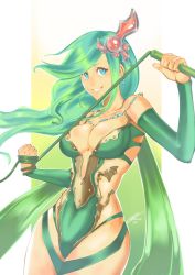 Rule 34 | 1girl, blue eyes, blush, breasts, bridal gauntlets, cleavage, detached sleeves, earrings, final fantasy, final fantasy iv, final fantasy iv: the after years, green hair, green leotard, hair ornament, jewelry, large breasts, leotard, long hair, medium breasts, aged up, rydia (ff4), smile, solo, whip