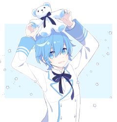 Rule 34 | 1boy, animal, animal on head, arms up, blue background, blue eyes, blue hair, blue nails, blue necktie, blush, border, buttons, commentary request, dust, jacket, kaito (vocaloid), long sleeves, looking at viewer, male focus, nail polish, necktie, on head, short hair, simple background, smile, solo, star (symbol), stuffed animal, stuffed toy, teddy bear, upper body, vocaloid, white jacket, white theme, yoshiki