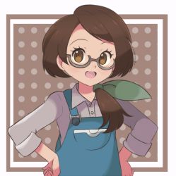 Rule 34 | 1girl, blue overalls, border, bow, breasts, brown background, brown eyes, brown hair, casual, chocomiru, collared shirt, creatures (company), eyelashes, facing viewer, female focus, galar mother, game freak, gen 8 pokemon, glasses, green bow, green ribbon, grey shirt, hair bow, hair ornament, hair ribbon, hands on own hips, happy, long hair, looking at viewer, mature female, mother (pokemon), neck, nintendo, open mouth, outside border, overalls, pokemon, pokemon swsh, polka dot, polka dot background, ponytail, ribbon, shirt, side bangs, side ponytail, smile, solo, standing, upper body, white border