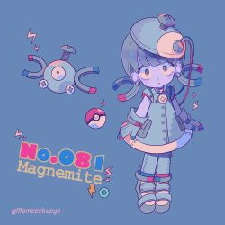 Rule 34 | 1girl, blue background, blue skin, blunt bangs, character name, colored skin, creatures (company), dress, earrings, full body, game freak, gen 1 pokemon, gloves, grey dress, grey eyes, grey gloves, hat, highres, jewelry, lightning bolt symbol, looking at viewer, magnemite, magnet, moemon, narumame, nintendo, nut (hardware), parted lips, personification, pocket, poke ball, poke ball (basic), pokedex number, pokemon, pokemon (creature), purple skin, robot, screw, shoes, short hair, simple background, sleeveless, sleeveless dress, standing, twitter username, wire