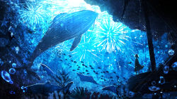 Rule 34 | 1girl, blue theme, bubble, clam, clownfish, commentary, coral, dress, facing away, fireworks, fish, from behind, highres, manta ray, ocean, original, outdoors, rinneko (rinne paint), scenery, shark, short hair, silhouette, solo, starfish, tropical fish, underwater, very wide shot, water, whale, wide shot