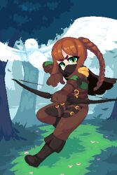 Rule 34 | 1girl, belt, bird, boots, bow (weapon), braid, brown hair, cape, elden ring, flower, full body, gloves, grass, green eyes, hair ornament, hair scrunchie, highres, leather, mask, minimilieu, owl, pink flower, pixel art, scrunchie, solo, tarnished (elden ring), thick eyebrows, tree, weapon