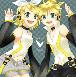 Rule 34 | 1boy, 1girl, aqua eyes, bad id, bad pixiv id, blonde hair, brother and sister, circle, detached sleeves, elbow gloves, fingerless gloves, gloves, hair ornament, hair ribbon, hairclip, headphones, heart, kagamine len, kagamine len (append), kagamine rin, kagamine rin (append), navel, ribbon, short hair, shorts, siblings, smile, twins, vocaloid, vocaloid append, yamaki suzume