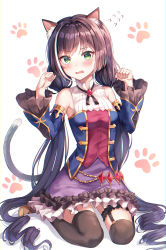 Rule 34 | 1girl, animal ear fluff, animal ears, bare shoulders, black hair, black thighhighs, blush, breasts, cat ears, cat girl, cat tail, commentary request, detached sleeves, fang, frilled skirt, frills, gem, green eyes, haneiro, highres, karyl (princess connect!), long hair, long sleeves, looking at viewer, low twintails, multicolored hair, open mouth, paw pose, paw print, princess connect!, sitting, skirt, sleeveless, small breasts, solo, streaked hair, tail, thighhighs, twintails, very long hair, white hair