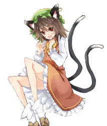 Rule 34 | 1girl, animal ears, bow, brown hair, cat ears, cat tail, chen, dress, earrings, fang, hat, highres, jewelry, multiple tails, open mouth, red eyes, simple background, single earring, slit pupils, smile, solo, tail, touhou, zhu xiang
