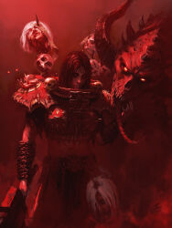 Rule 34 | 1boy, 1girl, adepta sororitas, armor, barbed tongue, black hair, boobplate, breastplate, breasts, chain, chain around arm, chainsword, chaos (warhammer), commentary, decapitation, demon, demon horns, english commentary, fallen sisters (warhammer), full armor, glowing, glowing eyes, gorget, holding, holding weapon, horns, large breasts, ornate, ornate armor, purity seal, red armor, red eyes, red theme, scar, sign of khorne, skull, solo focus, tarfken, warhammer 40k, weapon, white hair