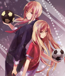 Rule 34 | 2boys, afuro terumi, age comparison, androgynous, back-to-back, ball, black soccer ball, blonde hair, crossover, dual persona, hair over shoulder, inazuma eleven, inazuma eleven (series), inazuma eleven go, long hair, male focus, multiple boys, oyu cocoa, red eyes, smile, soccer ball, soccer uniform, sportswear, telstar, trap, triglock0032