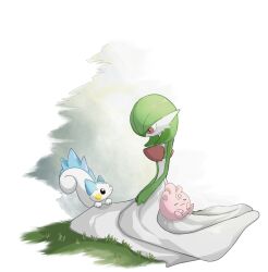 Rule 34 | artist name, black eyes, bob cut, closed eyes, colored skin, creatures (company), dress, game freak, gardevoir, gen 2 pokemon, gen 3 pokemon, gen 4 pokemon, grass, green hair, highres, igglybuff, ktbr 2, nintendo, on grass, pachirisu, pink eyes, pink skin, pokemon, pokemon (creature), simple background, two-tone fur, v arms, white dress